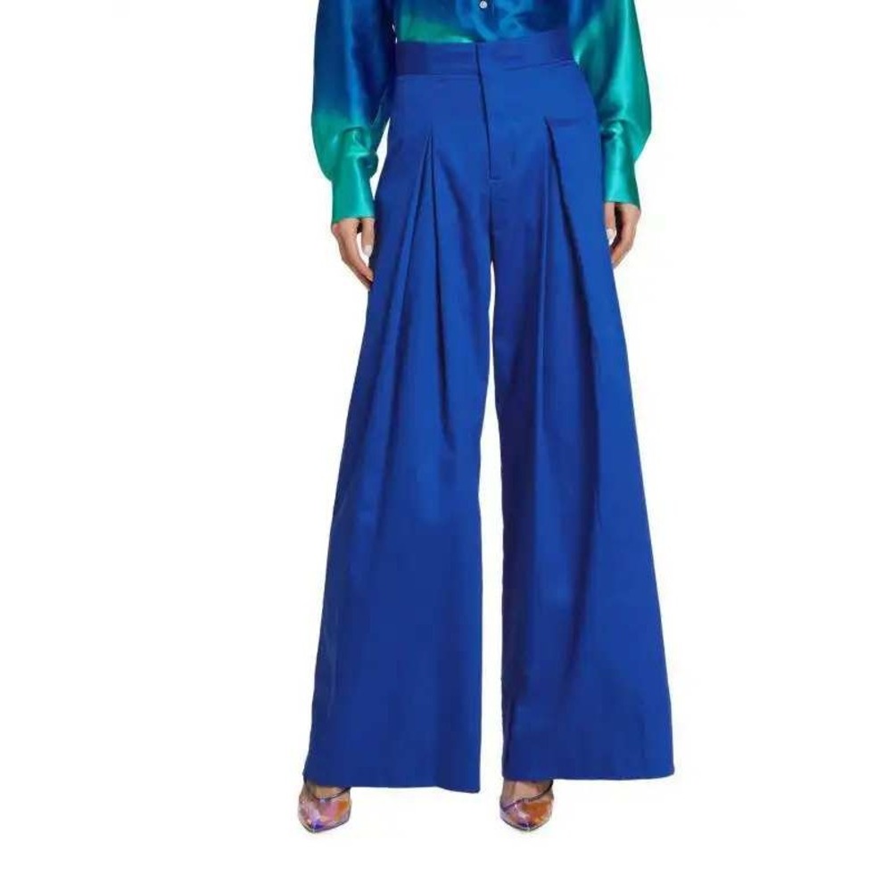 Alejandra Alonso Rojas Royal Blue Pleated Wide Leg Cotton Sateen Pants 10 NEW